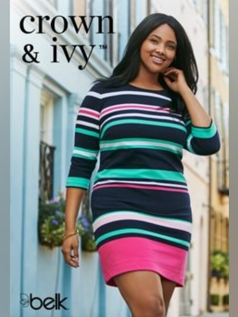 Crown & Ivy Striped Navy, Teal & Pink  Dress 2X